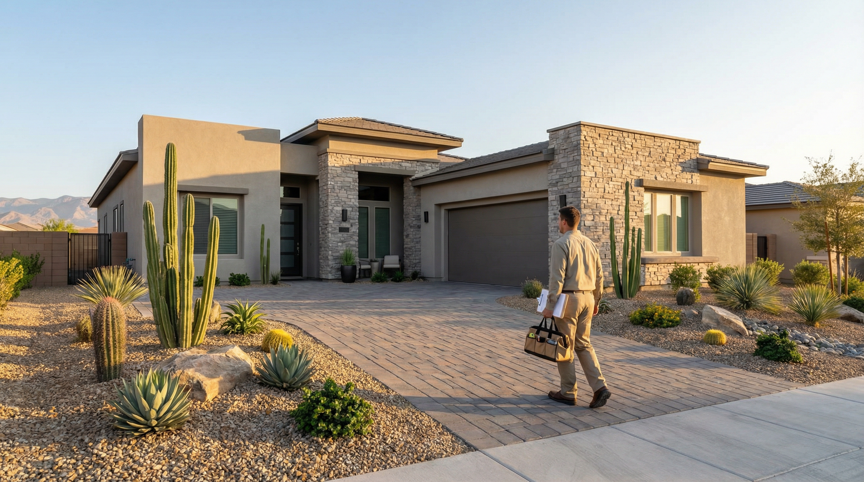 An HVAC technician walking up to a modern Las Vegas home with tools and a clipboard.
